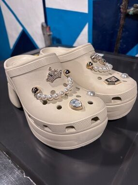 Cream Platform Crocs Siren Clog Mules with Pearl & Jewel Charms